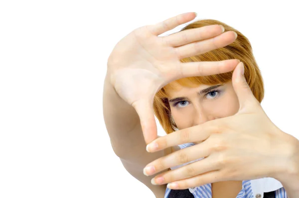 Pretty ginger woman whows frame with hands — Stock Photo, Image
