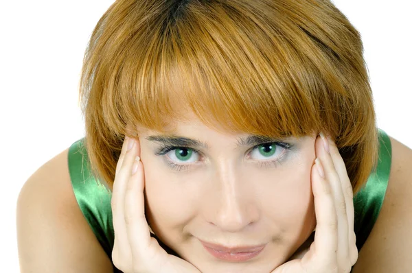 녹색 눈을 가진 아름 다운 여자의 클로즈업 초상화 — 스톡 사진