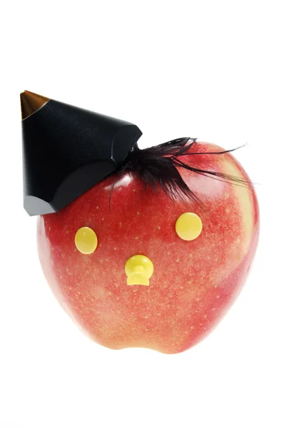 Zabawna buzia z czerwone jabłko z kapeluszem — Zdjęcie stockowe