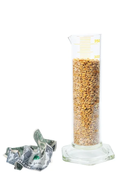 Two crushed dollar near beaker — Stock Photo, Image