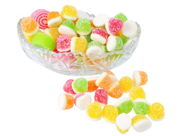 Pile fruit candy in cut glass dish — Stock Photo, Image