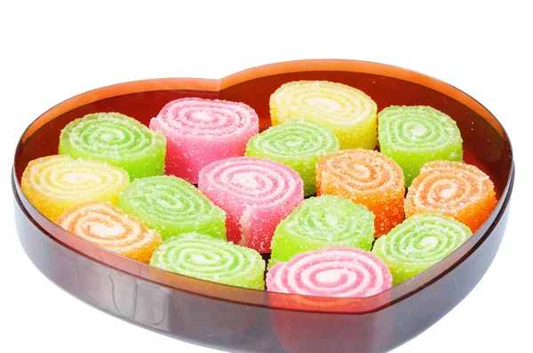 Few fruit candy in heart — Stock Photo, Image