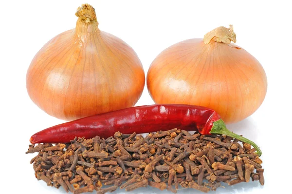 Two onions with pepper — Stock Photo, Image