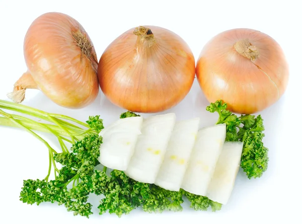 Pieces onions with parsley — Stock Photo, Image