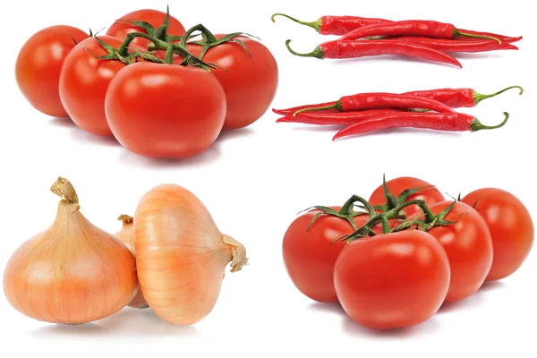 Onions, tomatos and red hot chili peppers — Stock Photo, Image