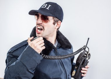 Action FBI agent wearing blue jacket, sunglasses with vintage mustache clipart