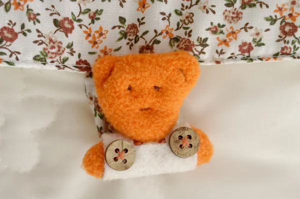 Teddy urso pelúcia tecido fundo com grampo e flores — Fotografia de Stock