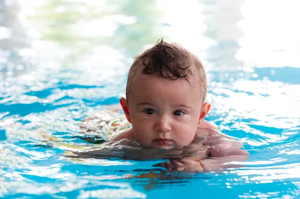 Babyer svømmer i varmt innendørs basseng stockbilde