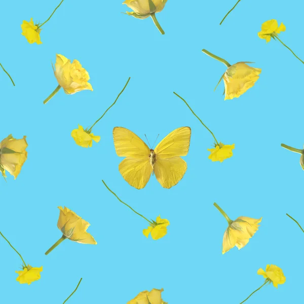 stock image Repeatable pattern of a yellow butterfly with roses