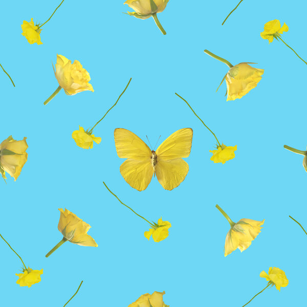 Repeatable pattern of a yellow butterfly with roses