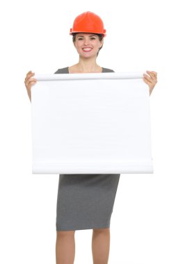 Smiling architect woman holding blank flipchart isolated clipart