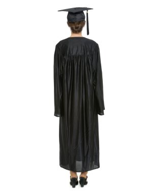 Full length portrait of female in graduation cap and gown standing back to camera clipart