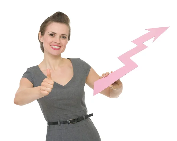 Glückliche Geschäftsfrau hält zunehmenden Diagrammpfeil und zeigt — Stockfoto
