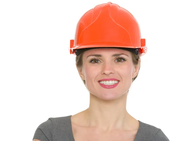 Portrait of smiling architect woman in helmet isolated — Stock Photo, Image