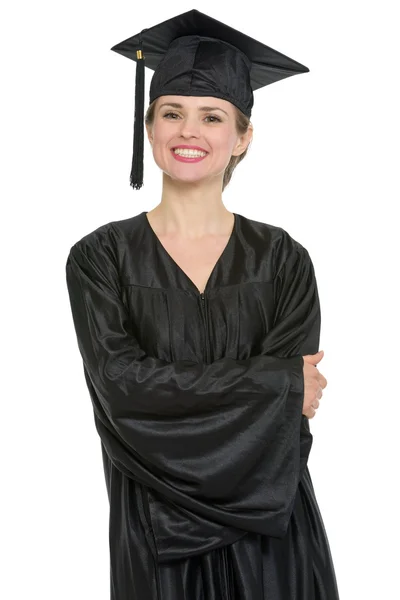 Portret van gelukkig afstuderen student vrouw geïsoleerd — Stockfoto