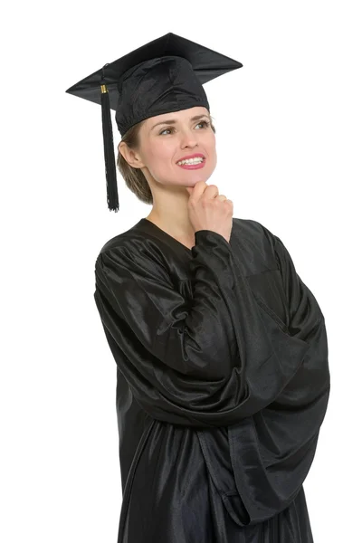 Portrait of thoughtful graduation woman isolated — Stock Photo, Image