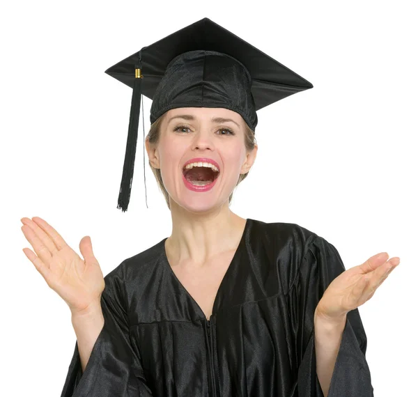 Afstuderen student vrouw applaudisseren geïsoleerde — Stockfoto