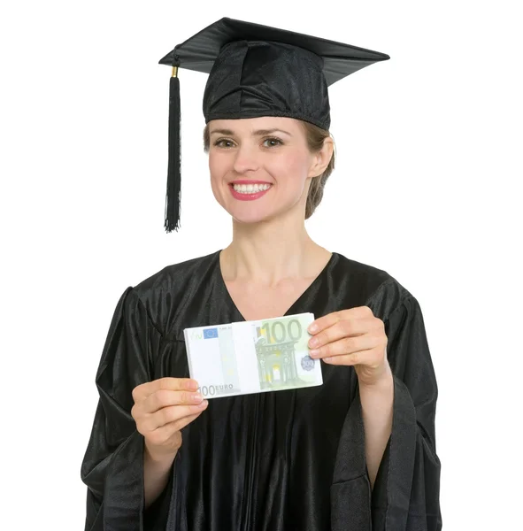 分離されたユーロのパックを示す卒業おめでとう学生女性 — ストック写真