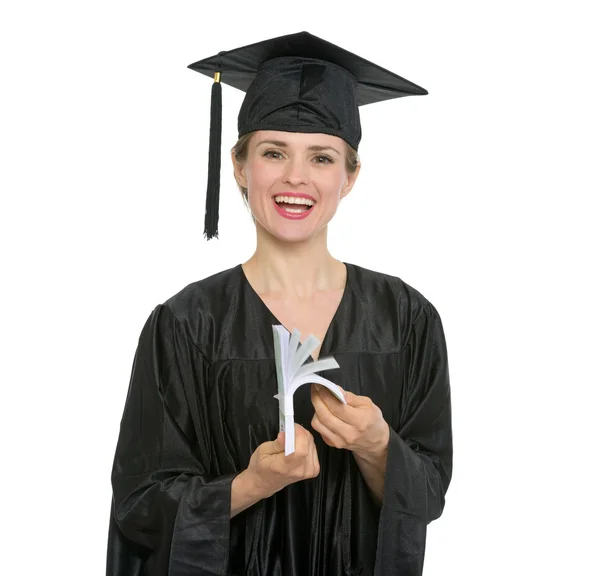Smiling graduation student woman counting euros in stack isolated — Stock Photo, Image
