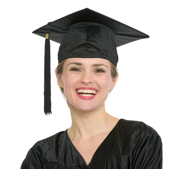 Portrait of smiling graduation student woman isolated — Stock Photo, Image