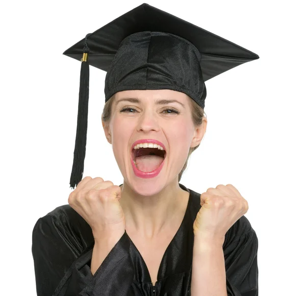 Retrato de excitada estudante de graduação mulher isolada — Fotografia de Stock