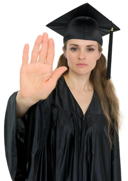 Graduación mujer mostrando stop gesture — Foto de Stock
