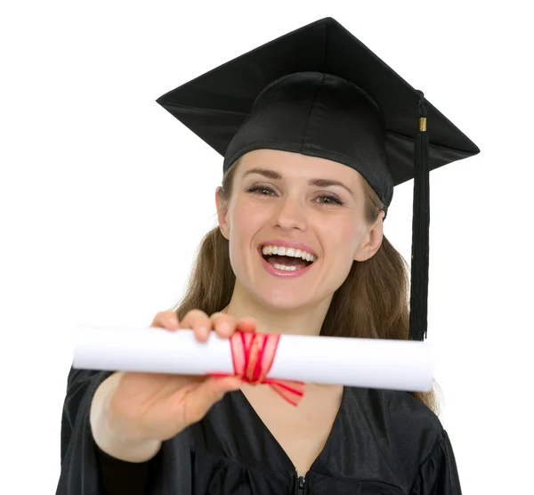 Happy graduation student woman showing diploma — Stock Photo, Image