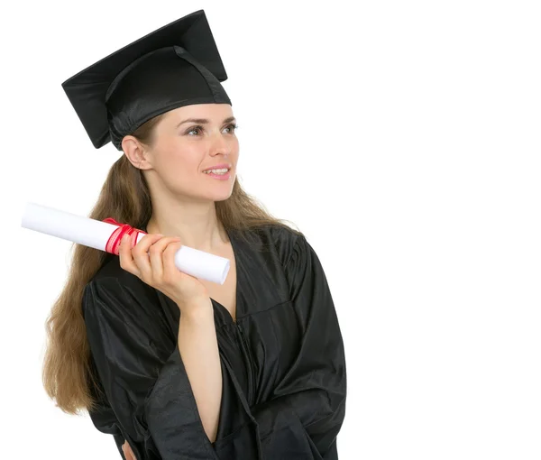 Mujer de graduación con diploma en busca de espacio de copia —  Fotos de Stock