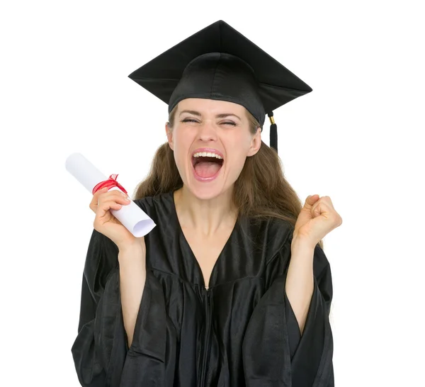 Nadšený promoce studentka s diplomem — Stock fotografie