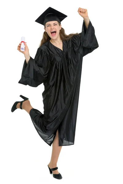 Full length portrait of happy graduation woman with diploma — Stock Photo, Image