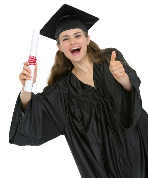 Happy graduation student girl with diploma showing thumbs up — Stock Photo, Image