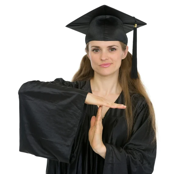 Examen studerande kvinna visar paus gest — Stockfoto