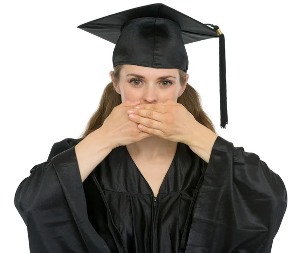 Graduación estudiante chica haciendo hablar sin mal gesto — Foto de Stock