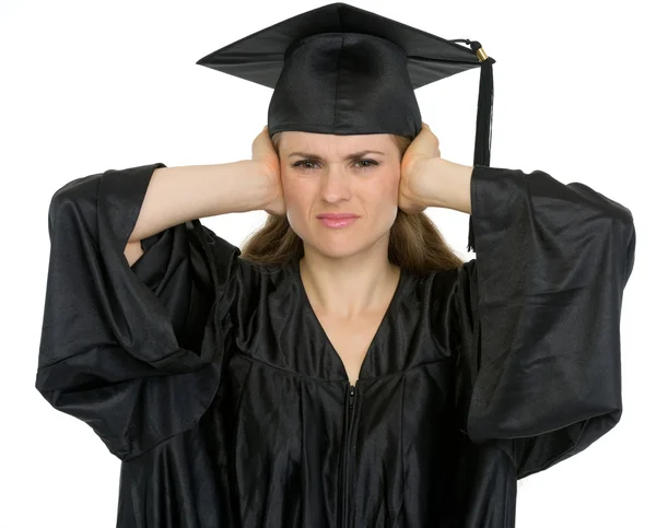 Graduación estudiante chica haciendo escuchar ningún gesto maligno — Foto de Stock