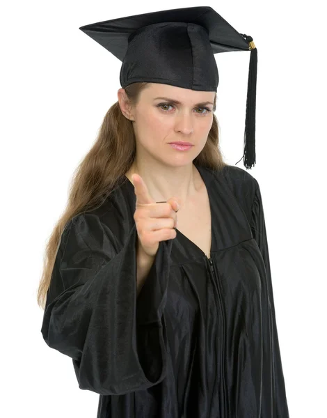 Студентка-выпускница угрожает пальцем — стоковое фото