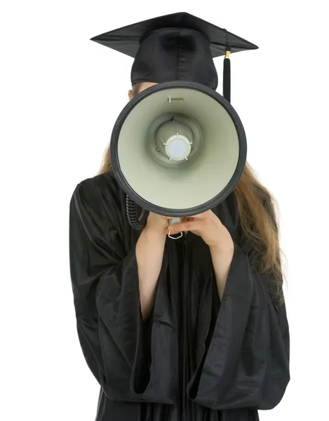 Afstuderen student spreken megafoon in camera — Stockfoto
