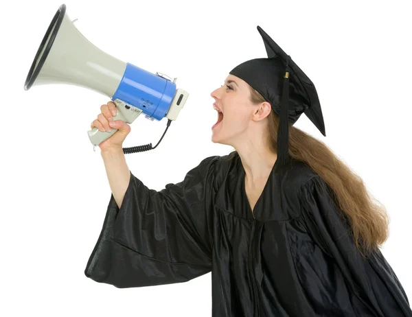 Graduación estudiante gritando a través de megáfono — Foto de Stock