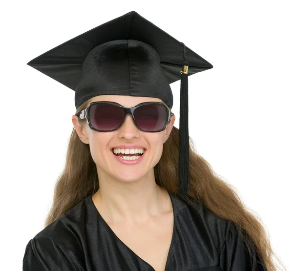 Portrait of happy graduation student girl with sunglasses — Stock Photo, Image