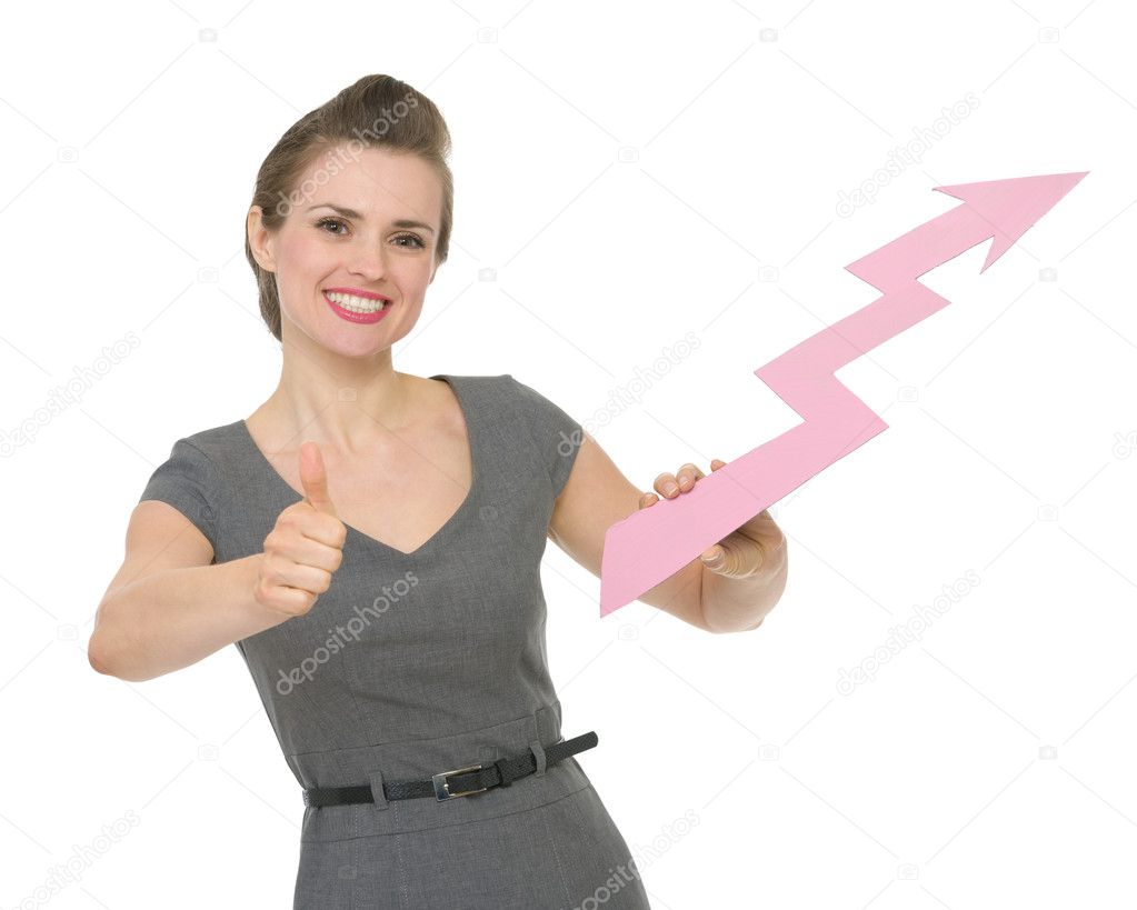 Happy business woman holding increasing chart arrow and showing