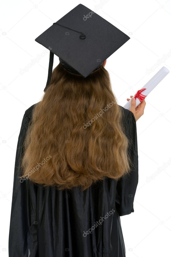 Graduation female student with diploma standing back