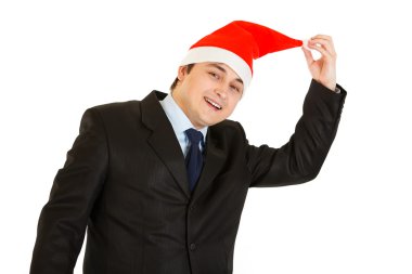 mutlu genç işadamı Noel Baba şapkalı. mutlu yeni yıl ve mutlu Noeller chr