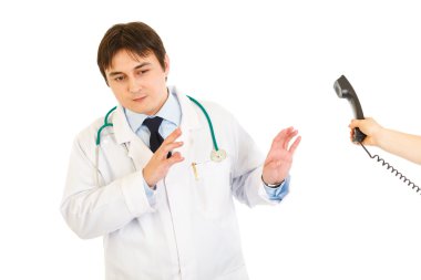 Very busy medical doctor refusing answer on phone call clipart