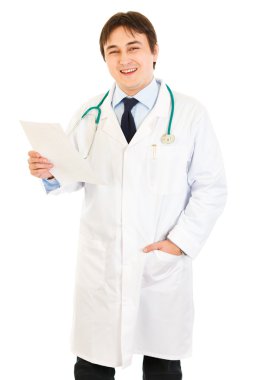 Smiling medical doctor holding document in hand clipart