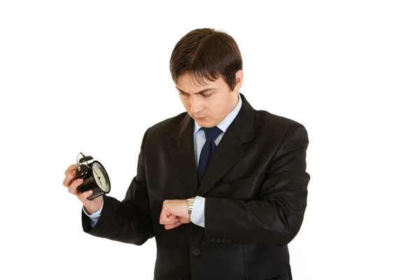 Businessman synchronize watches. Concept - accuracy and courtesy. — Stock Photo, Image