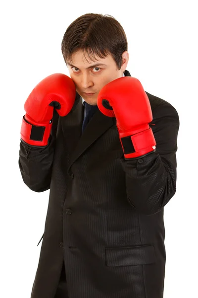 Självsäker ung affärsman med boxhandskar — Stockfoto