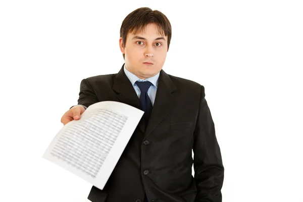 Surprised modern businessman giving document — Stock Photo, Image
