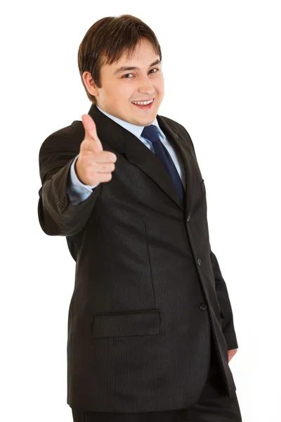 Sorrindo elegante empresário apontando o dedo para você — Fotografia de Stock