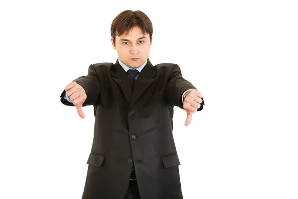 Homem de negócios moderno descontente mostrando polegares para baixo gesto — Fotografia de Stock
