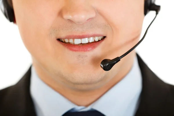 Sonriente hombre de negocios moderno con auriculares. Primer plano . — Foto de Stock