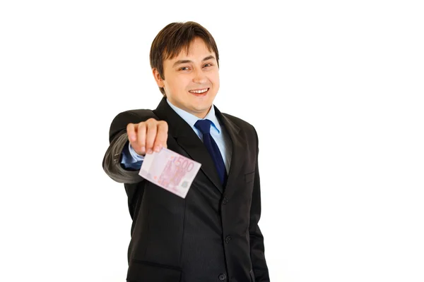 Pleased businessman giving 500 euros banknote — Stock Photo, Image